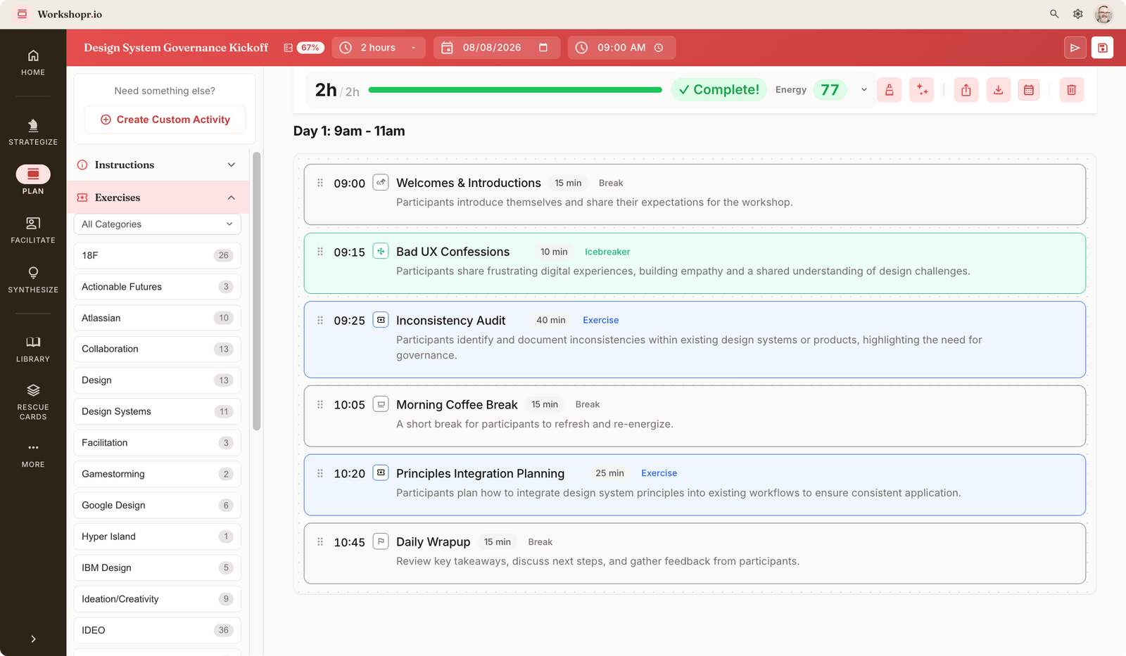 The Plan view: a two-hour agenda with timed items, an energy score and a complete progress bar