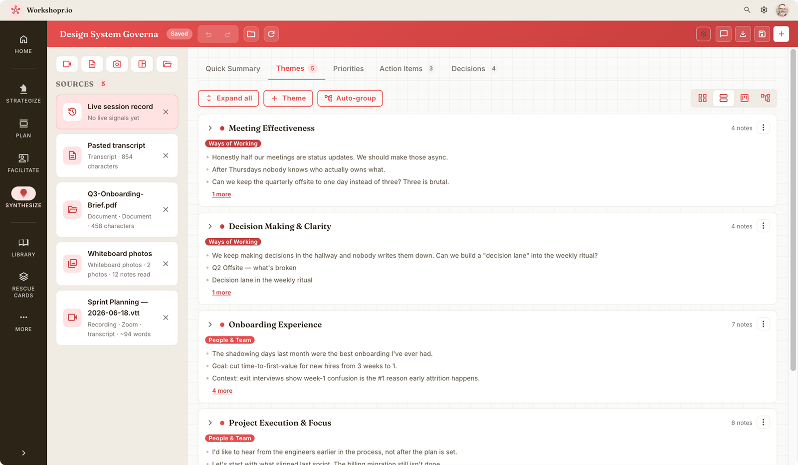 The Synthesize view: inputs from the session on the left, themes and decisions with their sources on the right